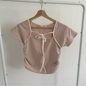 Chico Japan Pink and Cream Tie Front Ruched Sides Top